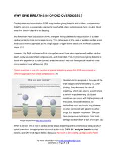 WHY GIVE BREATHS IN OPIOID OVERDOSES? Cardiopulmonary resuscitation (CPR) may involve giving breaths and/or chest compressions. Breaths serve to re-oxygenate a person’s blood while chest compressions help circulate blo