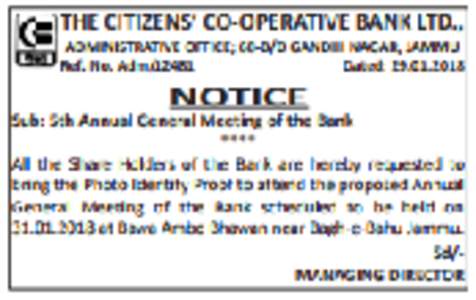 The Citizens’Cooperative Bank Ltd., Adm.Office : 68 B/D Gandhi Nagar,Jammu Website:www.citizenscooperativebankjammu.com Email :   PH: ,Fax no