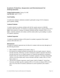 Academic Probation, Suspension and Reinstatement for Undergraduates Original Implementation: January 30, 1981 Last Revision: April 15, 2014 Good Standing A student must maintain a minimum cumulative grade point average o