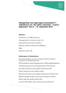 Deltagerliste ved regeringens temamøde IV i Vækstforum om ”Ny vækst i Danmark – hvad er diagnosen” den 9. – 10. september 2010 Ministre:-