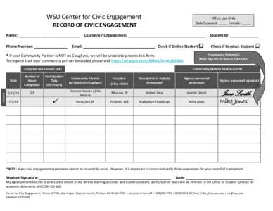 WSU Center for Civic Engagement  Office Use Only Date Scanned: _____ Initials: _____  RECORD OF CIVIC ENGAGEMENT