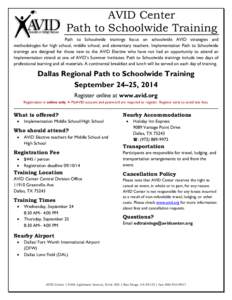 AVID Center Path to Schoolwide Training Path to Schoolwide trainings focus on schoolwide AVID strategies and methodologies for high school, middle school, and elementary teachers. Implementation Path to Schoolwide traini