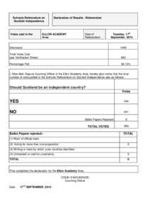 Schools Referendum on Scottish Independence Votes cast in the  Declaration of Results - Referendum