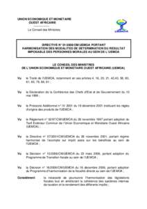 Directive[removed]CM-UEMOA harmonisation modalités résultat imposables aux personnes morales