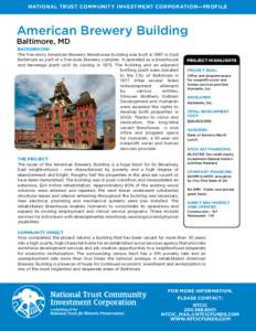 National Trust community Investment Corporation—Profile  American Brewery Building Baltimore, MD  Background