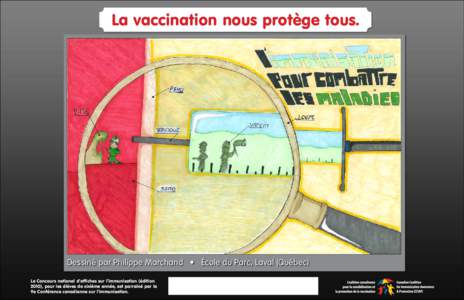 La vaccination nous protège tous.  Dessiné par Philippe Marchand • École du Parc, Laval (Québec) Le Concours national d’affiches sur l’immunisation (édition 2010), pour les élèves de sixième année, est par