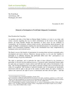 Bank on Human Rights A coalition for human rights in development finance The World Bank 1818 H Street, NW Washington, DC 20433