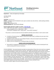 Plumbing Instructors Part-time Instructors Department: Trades and Engineering Technologies Job OrderJuly 6, 2015