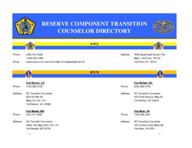RESERVE COMPONENT TRANSITION COUNSELOR DIRECTORY HRC Phone: Email:
