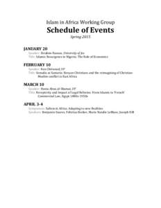 Islam	
  in	
  Africa	
  Working	
  Group	
    Schedule	
  of	
  Events	
   Spring	
  2015	
   	
  