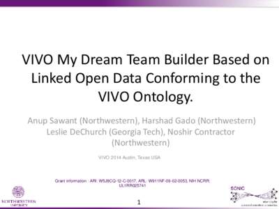 VIVO My Dream Team Builder Based on Linked Open Data Conforming to the VIVO Ontology. Anup Sawant (Northwestern), Harshad Gado (Northwestern) Leslie DeChurch (Georgia Tech), Noshir Contractor (Northwestern)