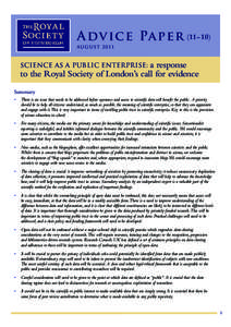 A d v ic e Pa p erAU G U S Ta response to the Royal Society of London’s call for evidence SCIENCE AS A PUBLIC ENTERPRISE: