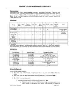 HUMAN GROWTH HORMONES CRITERIA Pharmacology: Somatropin (rDNA Origin), is a polypeptide hormone of recombinant DNA origin. The amino acid sequence of these products is identical to that of human growth hormone of pituita