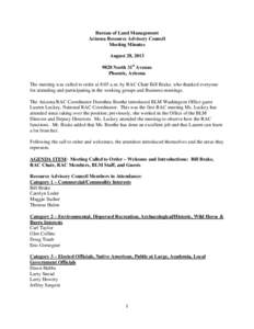 Bureau of Land Management Arizona Resource Advisory Council Meeting Minutes August 28, [removed]North 31st Avenue Phoenix, Arizona