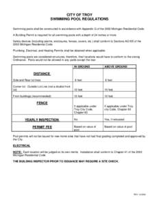 CITY OF TROY SWIMMING POOL REGULATIONS Swimming pools shall be constructed in accordance with Appendix G of the 2003 Michigan Residential Code. A Building Permit is required for all swimming pools with a depth of 24 inch