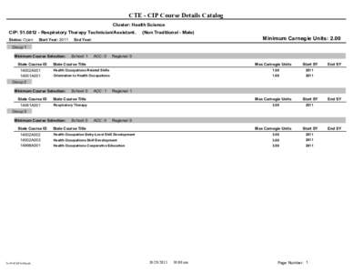 CTE - CIP Course Details Catalog Cluster: Health Science CIP: [removed]Respiratory Therapy Technician/Assistant. Status: Open  Start Year: 2011