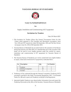 TANZANIA BUREAU OF STANDARDS  Tender No.PAG/12 For Supply, Installation and Commissioning of ICT equipment