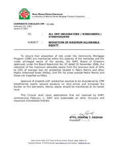 SOCIAL HOUSING FINANCE CORPORATION a subsidiary of National Home Mortgage Finance Corporation CORPORATE CIRCULAR CMP – February 05, 2007 Series of 2007