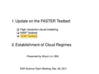 1. Update on the FASTER Testbed  High resolution cloud modeling  NWP Testbed  SCM Testbed  2. Establishment of Cloud Regimes