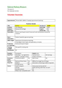 National Railway Museum 76 Lipson St Port Adelaide SA 5015 Volunteer Vacancies Appointments Phone[removed]for Tuesday appointment bookings