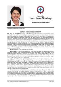 Speech By  Hon. Jann Stuckey MEMBER FOR CURRUMBIN  Record of Proceedings, 18 March 2014