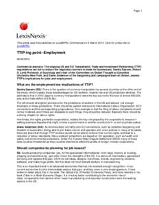 Page 1  This article was first published on Lexis®PSL Commerical on 6 MarchClick for a free trial of Lexis®PSL.  TTIP-ing point--Employment