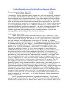 Southern Campaign American Revolution Pension Statements & Rosters Pension application of Daniel Hunt S7049 fn17NC Transcribed by Will Graves[removed]Methodology: Spelling, punctuation and/or grammar have been corrected