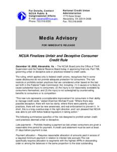 Media Advisory - NCUA Finalizes Unfair and Deceptive Consumer Credit Rule