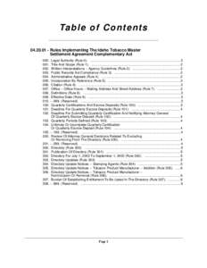 Ta b le o f C o n t e n t s[removed]Rules Implementing The Idaho Tobacco Master Settlement Agreement Complementary Act 000. Legal Authority (Rule 0). ...................................................................