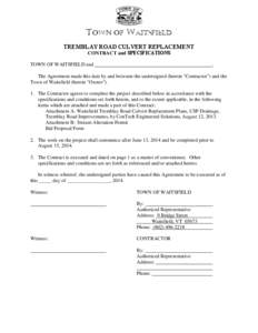 TOWN OF WAITSFIELD TREMBLAY ROAD CULVERT REPLACEMENT CONTRACT and SPECIFICATIONS TOWN OF WAITSFIELD and  .