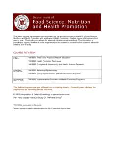 This listing contains the standard course rotation for the required courses in the M.S. in Food Science, Nutrition, and Health Promotion with emphasis in Health Promotion. Elective course offerings vary from year to year