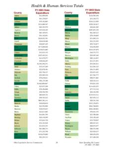 Health & Human Services Totals County FY 2003 State Expenditure