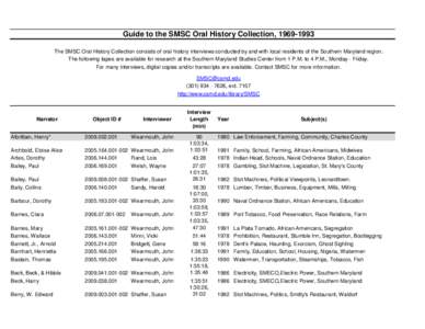 Guide to the SMSC Oral History Collection, [removed]The SMSC Oral History Collection consists of oral history interviews conducted by and with local residents of the Southern Maryland region. The following tapes are ava