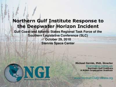 Northern Gulf Institute Response to the Deepwater Horizon Incident Gulf Coast and Atlantic States Regional Task Force of the Southern Legislative Conference (SLC) October 29, 2010 Stennis Space Center