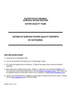 WATER POLICY BRANCH SURFACE WATER SECTION WATER QUALITY TEAM LISTING OF SURFACE WATER QUALITY REPORTS BY KEYWORDS