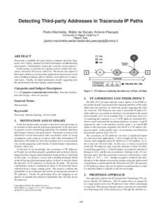 Detecting Third-party Addresses in Traceroute IP Paths Pietro Marchetta, Walter de Donato, Antonio Pescapé University of Napoli Federico II Napoli, Italy  {pietro.marchetta,walter.dedonato,pescape}@unina.it