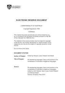 ELECTRONIC RESERVE DOCUMENT COMMONWEALTH OF AUSTRALIA Copyright Regulations 1969 WARNING This material has been reproduced and communicated to you by or on behalf of the University of Sydney pursuant to Part VB