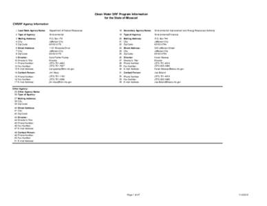 Clean Water SRF Program Information for the State of Missouri CWSRF Agency Information 1 Lead State Agency Name:  Department of Natural Resources