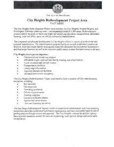 THI! CITY OF SAN DII:tGO  City Heights Redevelopment Project Area FACT SHEET The City Heights Redevelopment Project Area includes the City Heights, Normal Heights, and Kensington-Talmadge planning areas - encompassing a 