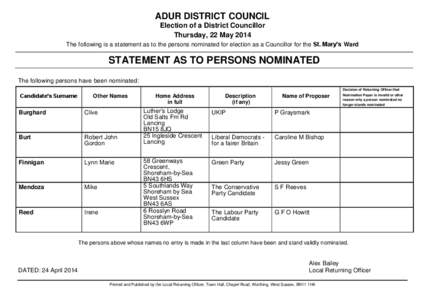 ADUR DISTRICT COUNCIL Election of a District Councillor Thursday, 22 May 2014 The following is a statement as to the persons nominated for election as a Councillor for the St. Mary’s Ward  STATEMENT AS TO PERSONS NOMIN