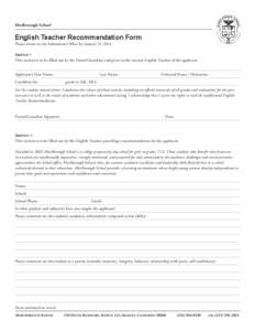 Marlborough School  English Teacher Recommendation Form Please return to the Admissions Office by January 31, 2014. Section I