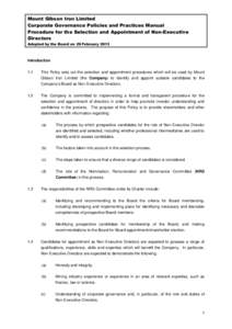 Mount Gibson Iron Limited Corporate Governance Policies and Practices Manual Procedure for the Selection and Appointment of Non-Executive Directors Adopted by the Board on 26 February 2013