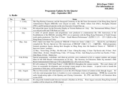 BOA Paper[removed]For information on[removed]Programme Updates for the Quarter July – September 2012 A. Radio
