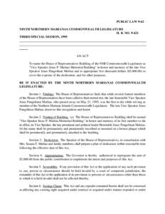 PUBLIC LAW 9-62 NINTH NORTHERN MARIANAS COMMONWEALTH LEGISLATURE H. B. NO[removed]THIRD SPECIAL SESSION, 1995  AN ACT
