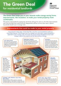 The Green Deal for residential landlords The Green Deal helps you or your tenants make energy-saving home improvements, like insulation, to make your rental property more comfortable.