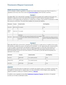 Treatment of Repeat Coursework Repeat Course Policy for Financial Aid Due to changes in federal regulations, a student may receive federal financial aid (Title IV funds) for a repeated course only once if the course was 