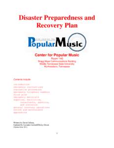 Disaster Preparedness and Recovery Plan Center for Popular Music Room 140 Bragg Mass Communications Building