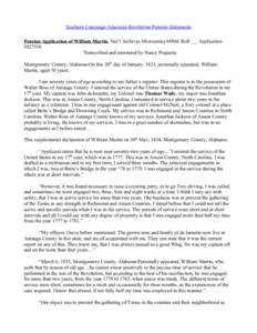 Southern Campaign American Revolution Pension Statements Pension Application of William Martin, Nat’l Archives Microseries M804, Roll __, Application #S27556 Transcribed and annotated by Nancy Poquette Montgomery Count