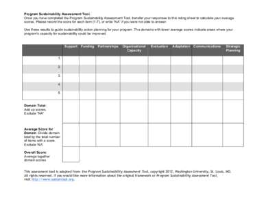 Program Sustainability Assessment Tool. Once you have completed the Program Sustainability Assessment Tool, transfer your responses to this rating sheet to calculate your average scores. Please record the score for each 