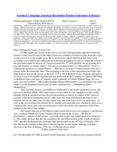 Southern Campaign American Revolution Pension Statements & Rosters Pension application of John Jackson R5519 Transcribed by Will Graves Mary F. Jackson